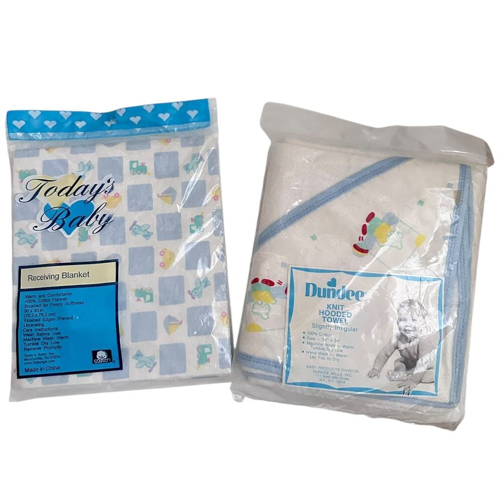 Vtg Baby Bundle New Sealed Receiving Blanket Knit Hooded Towel 90s Blue Boy Set